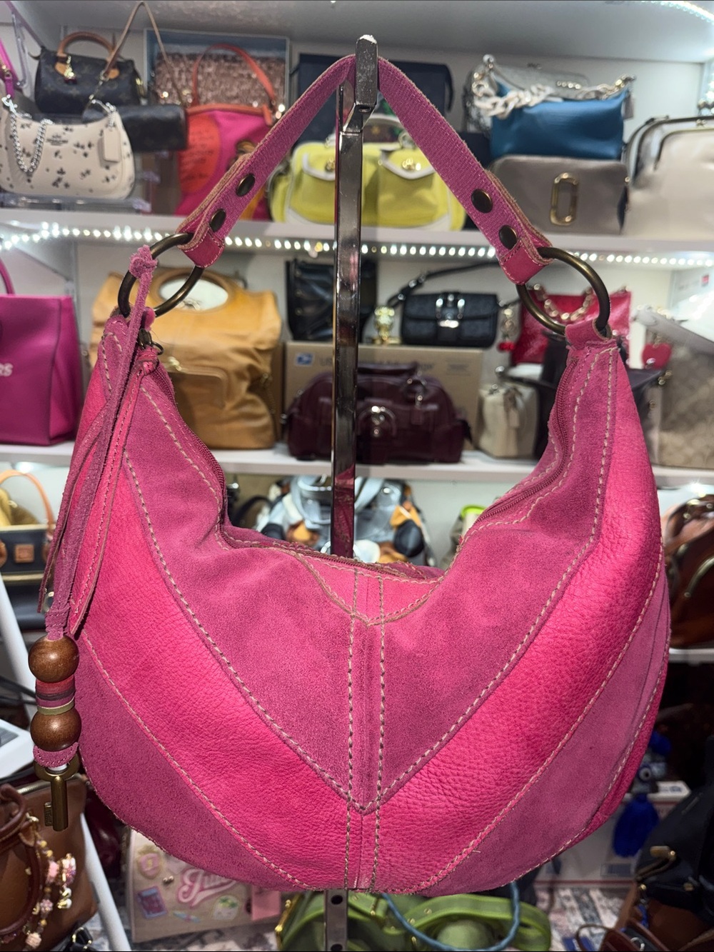 Fossil RARE  Vintage Hot Pink Suede & Pebble leather Crescent Shoulder Bag